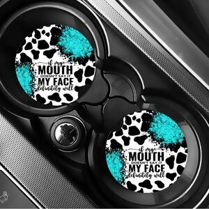 Cow Print Car Coasters with Teal Accents